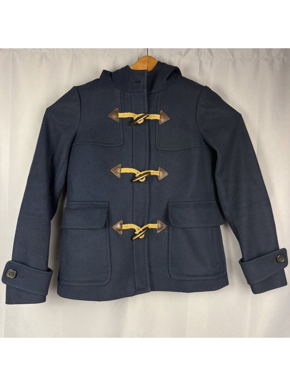 J.Crew Melton Wool Toggle Duffle Coat Navy Blue Hooded 2 Italian Fabric